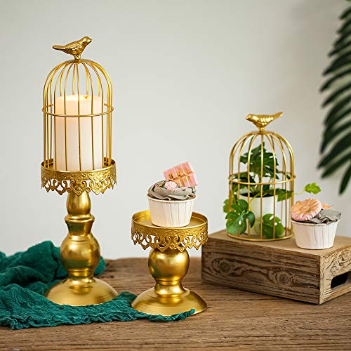 Sziqiqi Portavelas de Columna Candeleros de Retro con Forma de Jaula de Pájaro, Decoraciones para la Mesa de Boda Centro de Mesa Navideño Candelabros Decorativos de Velas Candelabros de Mesa, Oro