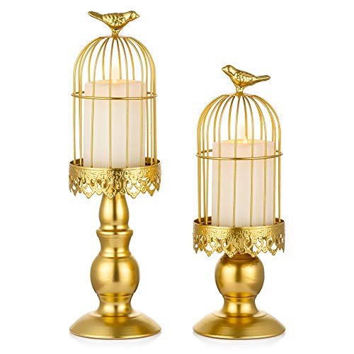 Sziqiqi Portavelas de Columna Candeleros de Retro con Forma de Jaula de Pájaro, Decoraciones para la Mesa de Boda Centro de Mesa Navideño Candelabros Decorativos de Velas Candelabros de Mesa, Oro
