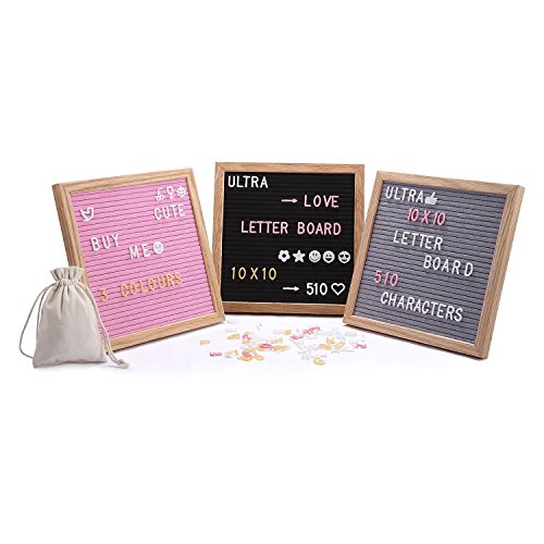 Tablero de letras de fieltro con 510 letras reemplazables y emojis, 25,4 x 25,4 cm, madera de roble macizo, con gancho de metal en la pared, decorativo, color rosa