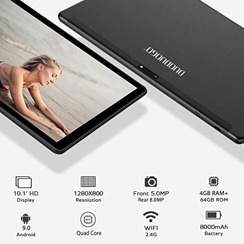 Tablet 10 Pulgadas 4GB de RAM 64GB de ROM Android 9.0 Certificado por Google GMS Tablet PC Buenas Batería 8500mAh Quad Core Dual SIM 8MP Cámara Netflix WiFi Type-C Bluetooth GPS OTG(Negro)