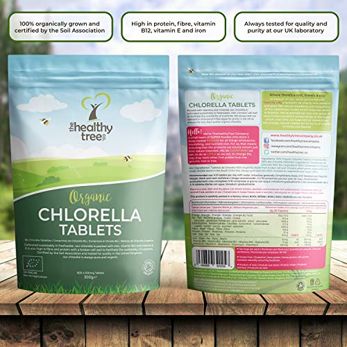 Tabletas de Chlorella Orgánica de The HealthyTree Company - Vegano, Vitaminas B12 y E, Hierro - Clorela Comprimidos de Pared Celular Rota, Certificada por el Reino Unido, 600 x 500 mg (300 g)