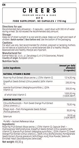 Tabletas Naturales de Vitamina C (333mg) - Suplemento de Vitamina C de Mayor Absorción - Origen Vegetal - 90 cápsulas Veganas - Ácido Ascórbico con Cítricos BioFlavonoides, Selenio, ácido Elágico