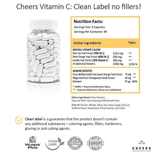 Tabletas Naturales de Vitamina C (333mg) - Suplemento de Vitamina C de Mayor Absorción - Origen Vegetal - 90 cápsulas Veganas - Ácido Ascórbico con Cítricos BioFlavonoides, Selenio, ácido Elágico