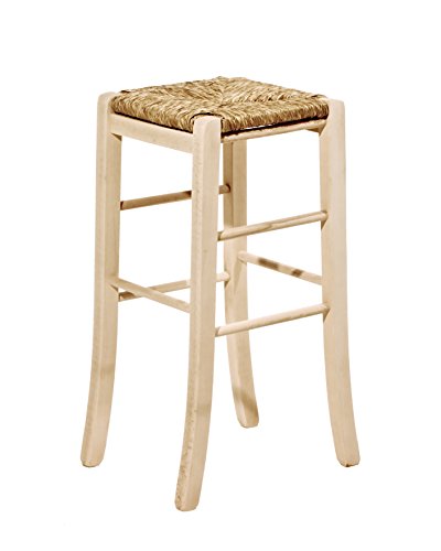 Taburete de madera al natural, de 67 cm de altura, por pintar, con asiento de paja de forma cuadrada (viene montado)