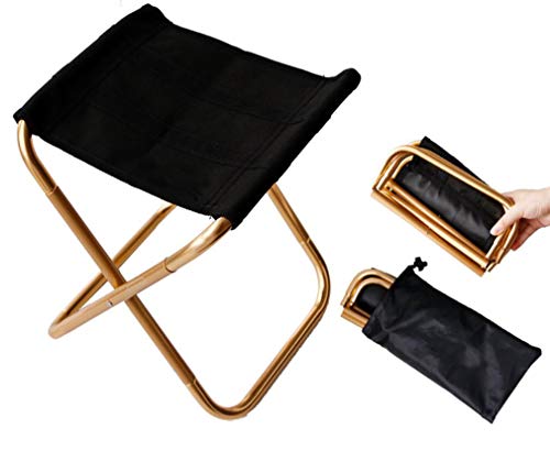 Taburete plegable dorado con bolsa, asiento plegable ultraligero de aluminio compacto con bolsa de transporte para jardín, playa, pesca, senderismo, camping, picnic, viajes