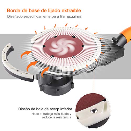 TACKLIFE Lijadora de Pared, Lijadora de Techo 800W, Sistema de Autolimpieza, Base de Lijado Desmontable para Esquina, Cable de 4,5M, 12PCS Lijas (P120 y P320), Mango Telescópico 1,6-1,9M PDS03A
