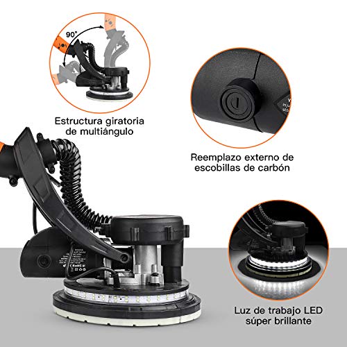 TACKLIFE Lijadora de Pared, Lijadora de Techo 800W, Sistema de Autolimpieza, Base de Lijado Desmontable para Esquina, Cable de 4,5M, 12PCS Lijas (P120 y P320), Mango Telescópico 1,6-1,9M PDS03A