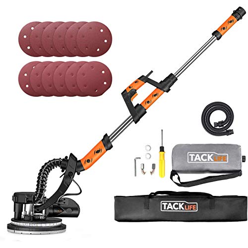 TACKLIFE Lijadora de Pared, Lijadora de Techo 800W, Sistema de Autolimpieza, Base de Lijado Desmontable para Esquina, Cable de 4,5M, 12PCS Lijas (P120 y P320), Mango Telescópico 1,6-1,9M PDS03A