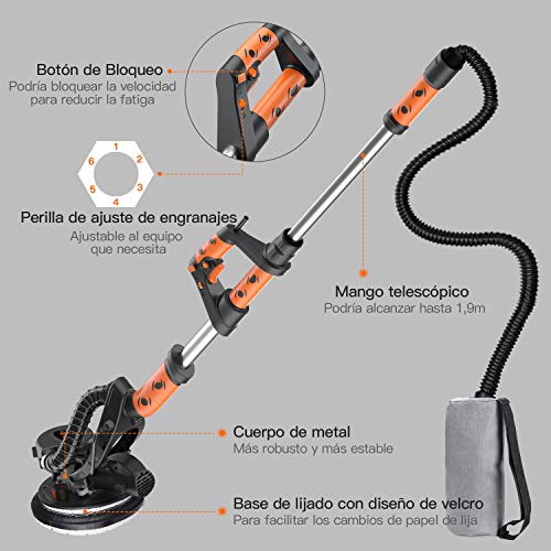 TACKLIFE Lijadora de Pared, Lijadora de Techo 800W, Sistema de Autolimpieza, Base de Lijado Desmontable para Esquina, Cable de 4,5M, 12PCS Lijas (P120 y P320), Mango Telescópico 1,6-1,9M PDS03A