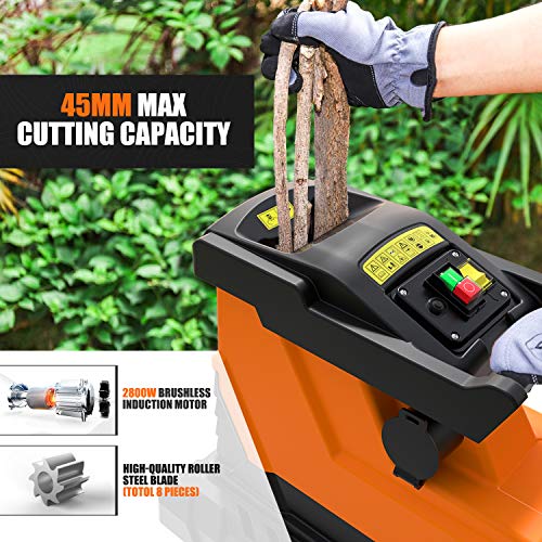 TACKLIFE Trituradora de Ramas, Biotrituradora Eléctrica, 2800W, 90 dB de Bajo Ruido, 45 mm Máxima Capacidad de Corte, 55 L, Protección de Sobrecarga