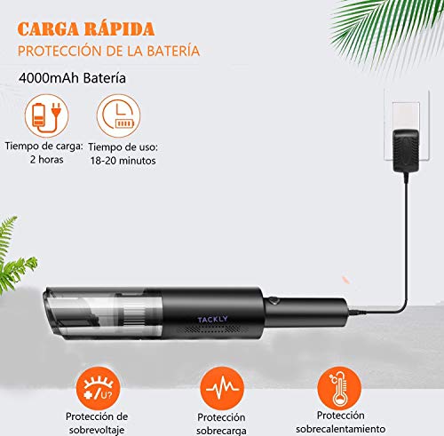 TACKLY Aspirador Coche de Mano sin Cable Potente – Aspiradora Mini sin Bolsa portátil – máquina Limpia tapicerías Asientos – Uso para Coche hogar Oficina Local