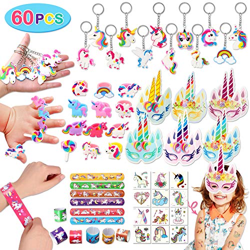Tacobear 60Piezas Unicornio Aarticulos de Fiesta Cumpleaños Piñatas Unicornio Slap Pulsera Llavero Anillo Máscara de Papel Tatuajes Temporales para Niños Niñas Unicornio Fiesta Cumpleaños Regalo