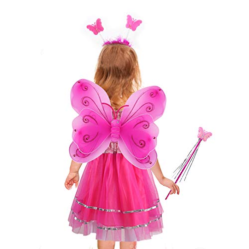 Tacobear Disfraz Hada Niña Disfraz Mariposa con Alas Hada Vestido Diademas Corona Flores Varitas Magicas Hada Mariposa Princesa Disfraces Accesorios Regalos Fiesta Cumpleaños para Niñas Niños (Pink)