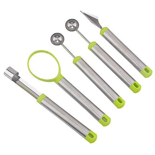 TAECOOOL Juego de herramientas para frutas 5 en 1 de acero inoxidable de grado alimenticio, quita el núcleo de manzana, pelador de melones, cuchillo para trinchar frutas, cortador de bolas de sandía