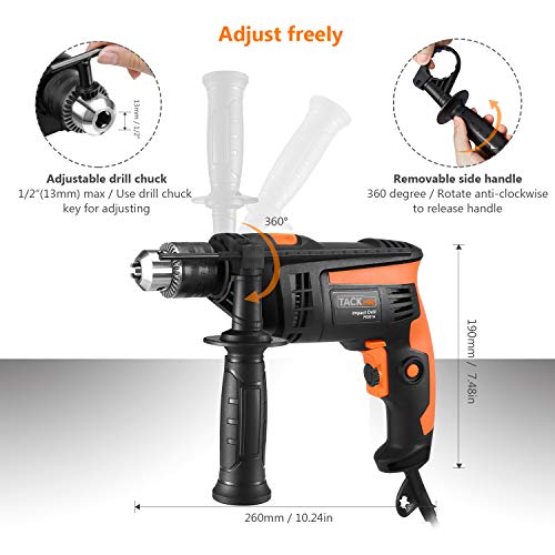 Taladro, Tacklife 710W Mejorado Taladro Percutor, Taladro Eléctrico 2800RPM, 10 Brocas y Tope de Profundidad, Martillo Taladro 2 Funciones en 1, Portabroca de 13mm, Empuñadura Giratoria 360° PID01A