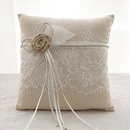 Tangser Almohada de Anillo Boda, Anillo Portador Almohada, Personalizar Las alianzas de Boda Porta Hermoso Encaje y Flor 8,2"X 8,2"