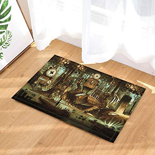 taquxinlaowan Ciencia Ficción Alfombras baño Maquinaria Reloj Steampunk Acero Ciudad Industrial Alfombra Antideslizante Entrada Piso Alfombra Puerta lantera para Alfombra 60X40CM