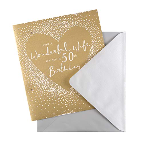 Tarjeta de felicitación de 50 cumpleaños para esposa del estudio Hallmark – diseño en relieve de lámina dorada sobre tabla con textura
