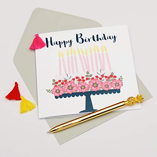Tarjeta de felicitación de cumpleaños con borla, diseño de tarta de cumpleaños