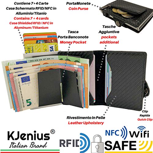 Tarjeteros para Tarjetas De Credito Carteras Hombre Pequeña Protegida En Cuero Y Fibra De Carbono Caja Aluminio Protección contra El RFID NFC Monedero Slim Vertical + llaveros Originales Organizador