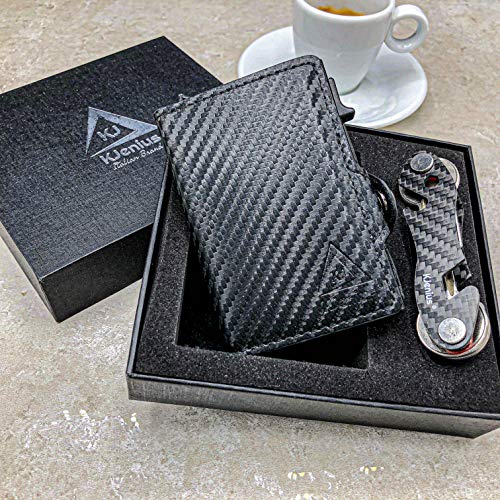 Tarjeteros para Tarjetas De Credito Carteras Hombre Pequeña Protegida En Cuero Y Fibra De Carbono Caja Aluminio Protección contra El RFID NFC Monedero Slim Vertical + llaveros Originales Organizador