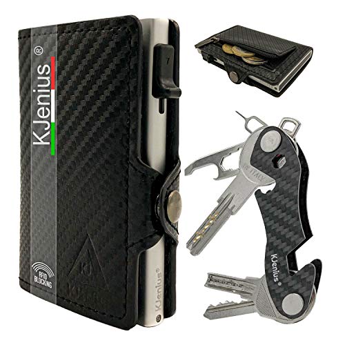 Tarjeteros para Tarjetas De Credito Carteras Hombre Pequeña Protegida En Cuero Y Fibra De Carbono Caja Aluminio Protección contra El RFID NFC Monedero Slim Vertical + llaveros Originales Organizador