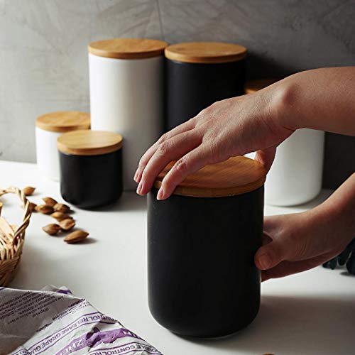Tarro hermético de cerámica para almacenamiento de alimentos y café con tapa de bambú sellada, recipiente de almacenamiento de alimentos para té, azúcar, café, frijoles, cerámica, Black 260 ml