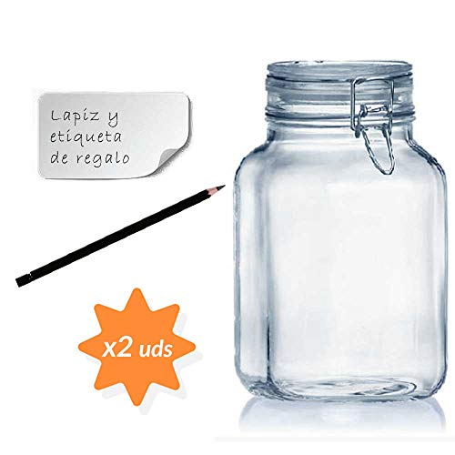 Tarros cristal cocina pack 2 botes con cierre hermetico con tapa bote para alimentos menaje de cocina tarro con cierre manual de aluminio ideal para conservas alimentos kombucha((3000ml))