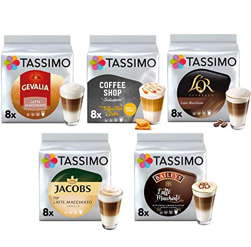 Tassimo Café Latte Macchiato Selección - Baileys/Gevalia/L'OR Latte Macchiato/Coffeeshop Selection Toffee-Nut Latte/Jacobs Latte Macchiato Vanilla Cápsulas de Café - 5 Paquetes (40 Porciones)