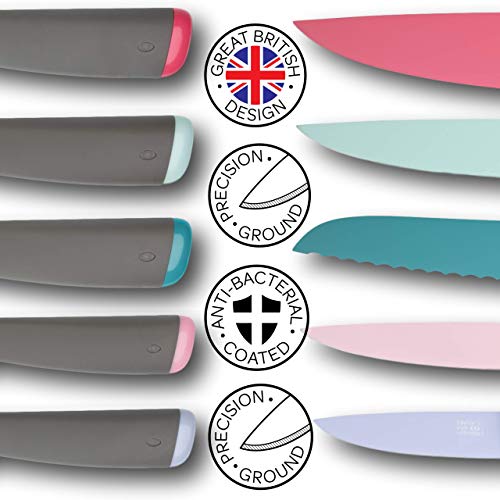 Taylors Eye Witness Juno Armonía Coloreada 5 Piezas De Cuchillo De Arranque Conjunto - Paring, Utilidad, Tallado, Pan Y Cuchillos De Chef. Cuchilla Recubierta Cónica, Antibacteriana.