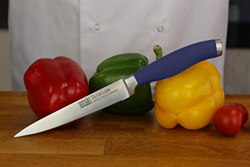 Taylors Eye Witness Syracuse Cuchillo De Cocina De Utilidad Serrado - Profesional De 13Cm Borde De Corte, Multiuso. Ultra Fino Dentado, Cuchilla Afilada. Mango Azul Denim De Agarre Suave Texturizado.