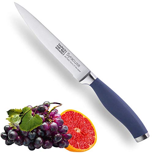 Taylors Eye Witness Syracuse Cuchillo De Cocina De Utilidad Serrado - Profesional De 13Cm Borde De Corte, Multiuso. Ultra Fino Dentado, Cuchilla Afilada. Mango Azul Denim De Agarre Suave Texturizado.