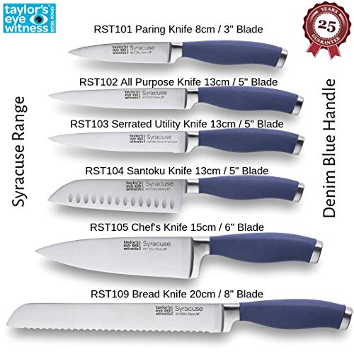 Taylors Eye Witness Syracuse Cuchillo De Cocina De Utilidad Serrado - Profesional De 13Cm Borde De Corte, Multiuso. Ultra Fino Dentado, Cuchilla Afilada. Mango Azul Denim De Agarre Suave Texturizado.