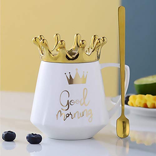 Taza De Café De Cerámica, Tazas De Té Corona Con Tapas y Cucharas, Elegante Taza De Porcelana Con Leche, Regalos Creativos Para Amigos y Familiares, 12 Oz / 300 Ml