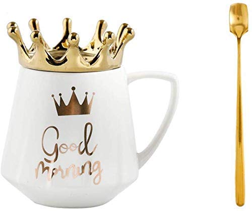 Taza De Café De Cerámica, Tazas De Té Corona Con Tapas y Cucharas, Elegante Taza De Porcelana Con Leche, Regalos Creativos Para Amigos y Familiares, 12 Oz / 300 Ml