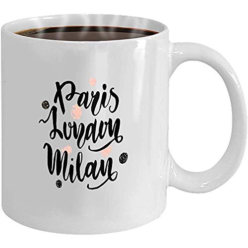 Taza de café divertida - taza de café con leche blanca de cerámica letras de la mano de París Milán Londres