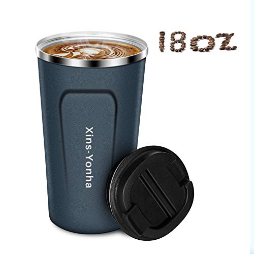 Taza de viaje a prueba de fugas para café o viaje, tamaño grande, reutilizable con tapas, apta para bebidas frías y calientes, tazas de viaje, aislada al vacío, taza térmica a prueba de fugas azul
