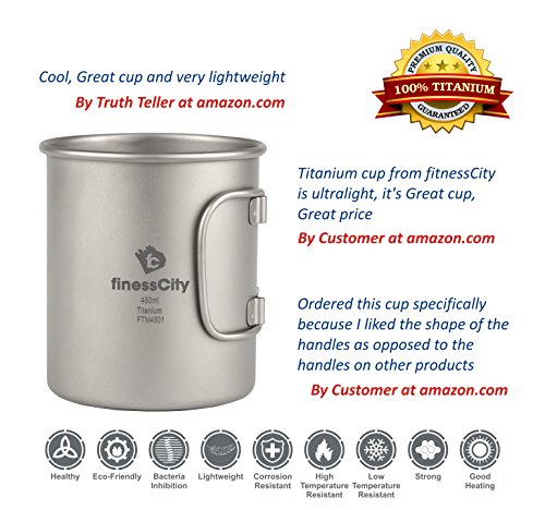 taza que acampa de 450ml sin la tapa, taza que acampa adicional fuerte y ligera, con las marcas de la medida, taza Titanium para hacer el acampar en fácil almacenar la caja del paño(450ml sin la tapa)