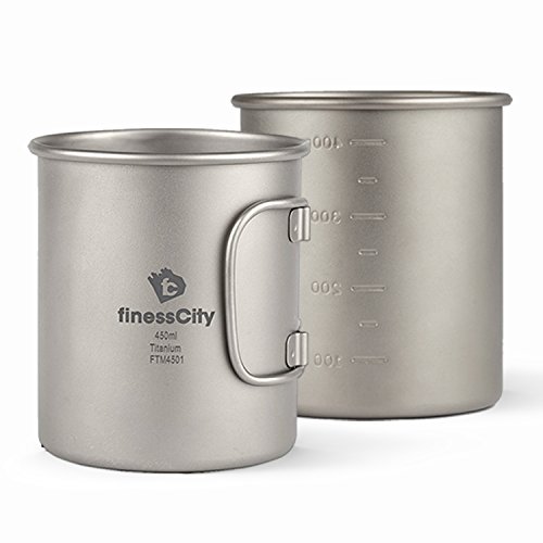 taza que acampa de 450ml sin la tapa, taza que acampa adicional fuerte y ligera, con las marcas de la medida, taza Titanium para hacer el acampar en fácil almacenar la caja del paño(450ml sin la tapa)
