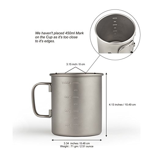 taza que acampa de 450ml sin la tapa, taza que acampa adicional fuerte y ligera, con las marcas de la medida, taza Titanium para hacer el acampar en fácil almacenar la caja del paño(450ml sin la tapa)
