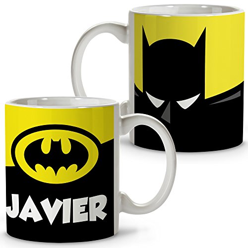 Taza Superhéroes Personalizada con Nombre. Regalo Friki. Varios Diseños y Colores Interior. Batman