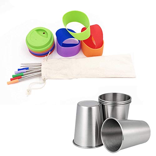 Tazas de acero inoxidable para niños, vasos de metal para beber con tapas de silicona, mangas, pajitas, perfectas para actividades interiores y exteriores de niños por Dorey-Ohm (paquete de 5 12 oz)