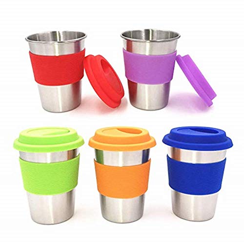 Tazas de acero inoxidable para niños, vasos de metal para beber con tapas de silicona, mangas, pajitas, perfectas para actividades interiores y exteriores de niños por Dorey-Ohm (paquete de 5 12 oz)