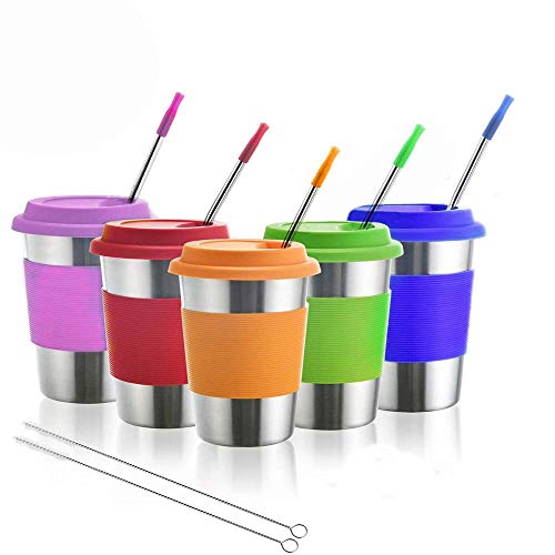 Tazas de acero inoxidable para niños, vasos de metal para beber con tapas de silicona, mangas, pajitas, perfectas para actividades interiores y exteriores de niños por Dorey-Ohm (paquete de 5 12 oz)