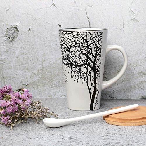 Tazas de café de cerámica creativas, Taza de café en relieve pintada a mano con tapa y cuchara de madera, Taza de té de leche de gran capacidad, Regalo perfecto para Mujeres, familia (16.5 oz)