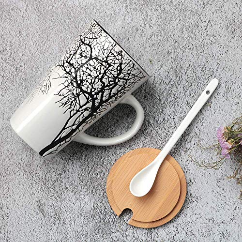 Tazas de café de cerámica creativas, Taza de café en relieve pintada a mano con tapa y cuchara de madera, Taza de té de leche de gran capacidad, Regalo perfecto para Mujeres, familia (16.5 oz)