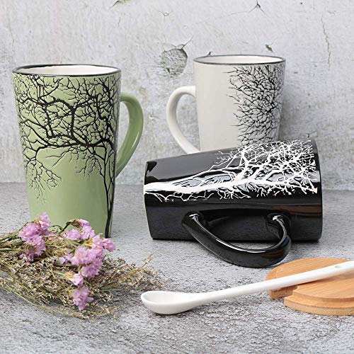 Tazas de café de cerámica creativas, Taza de café en relieve pintada a mano con tapa y cuchara de madera, Taza de té de leche de gran capacidad, Regalo perfecto para Mujeres, familia (16.5 oz)