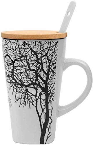 Tazas de café de cerámica creativas, Taza de café en relieve pintada a mano con tapa y cuchara de madera, Taza de té de leche de gran capacidad, Regalo perfecto para Mujeres, familia (16.5 oz)