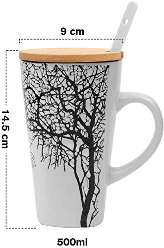 Tazas de café de cerámica creativas, Taza de café en relieve pintada a mano con tapa y cuchara de madera, Taza de té de leche de gran capacidad, Regalo perfecto para Mujeres, familia (16.5 oz)
