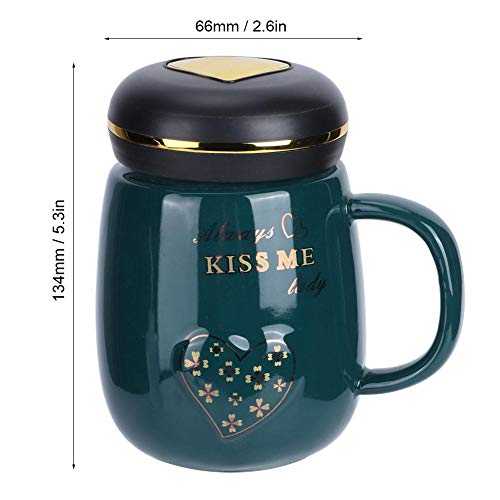 Tazas de cerámica, tazas de té de café con forma de corazón Tazas con tapas y asas, tazas de agua de cerámica de 500 ml para beber té de café Agua de leche de cacao(Verde oscuro)